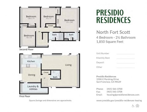 A floor plan for a 4 bedroom apartment with 2 bathrooms sits on a white background.